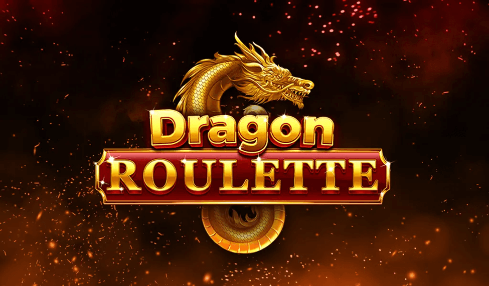 Dragon Roulette game logo in a bold, stylized red and gold font, with a golden dragon coiling around the text, set against a fiery, ember-filled background.