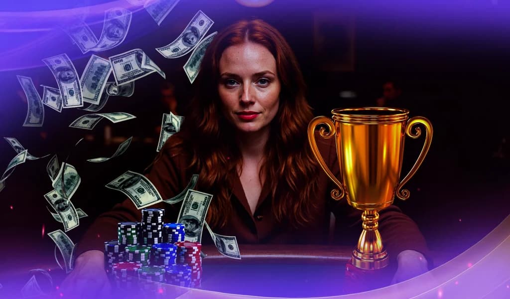 Woman at a poker table with chips, surrounded by floating cash and a golden trophy symbolizing a tournament win.