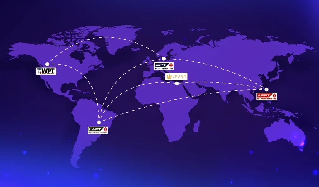 World map highlighting major poker tours including WPT, EPT, LAPT, APPT, and Triton Series.