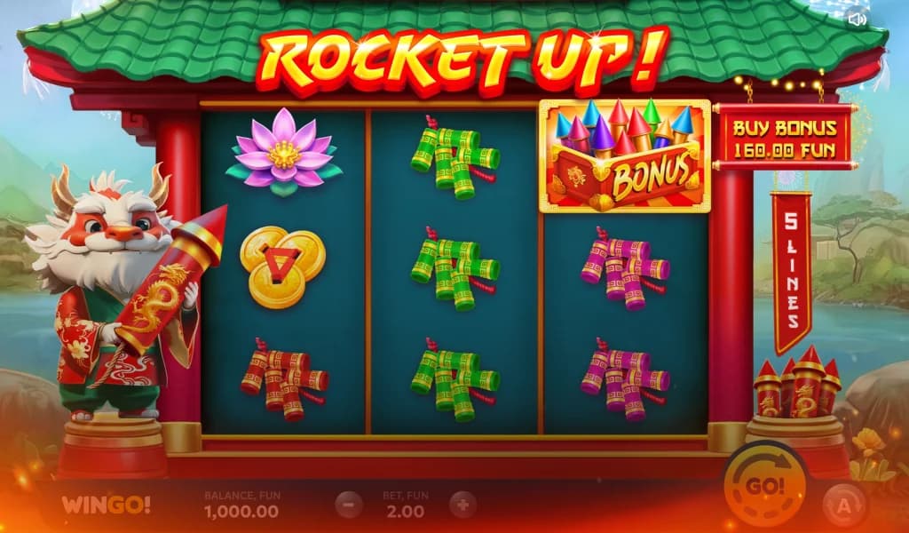 Rocket Up slot game at Ignition Casino featuring a dragon character, firecracker symbols, coins, and a Lunar New Year-themed slot interface.