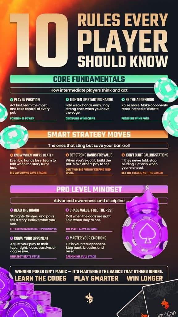 10 poker rules every player should know infographic, poker strategy moves, poker mindset.