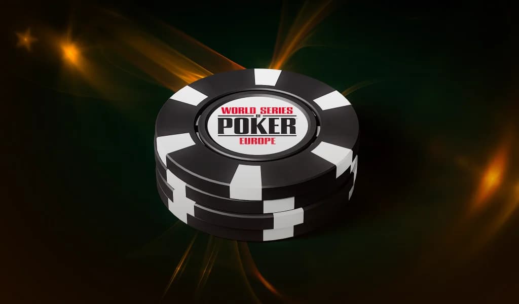 World Series of Poker Europe logo on a black and white poker chip with orange light effect.