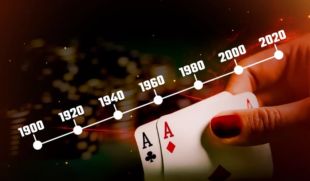 Hand holding two aces on a poker table with a timeline graphic showing decades from 1900 to 2020