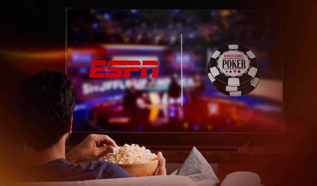 Person watching television showing ESPN and World Series of Poker logos while holding a bowl of popcorn.