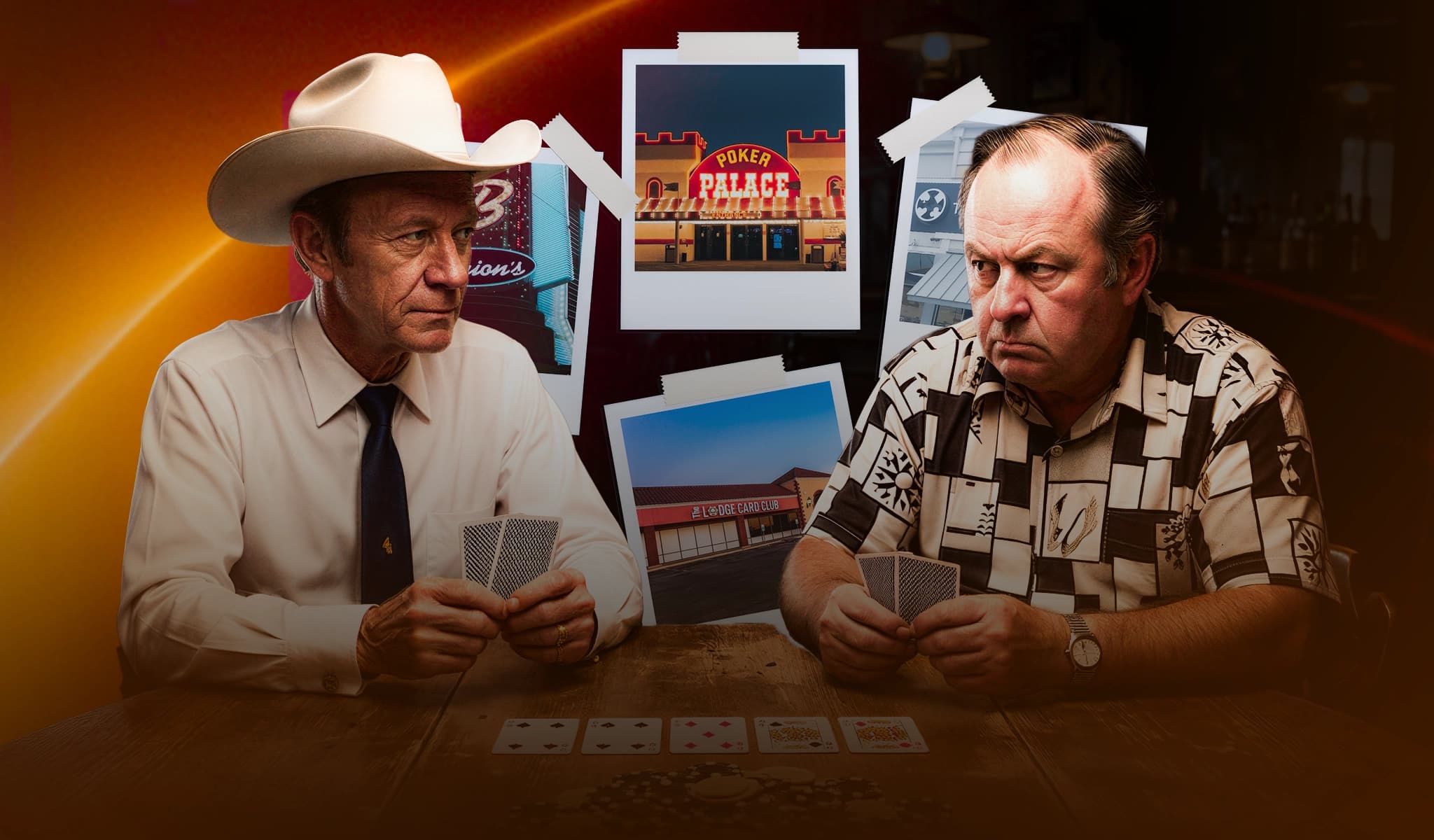 Illustrated scene of two Texas gamblers playing cards at a table with Polaroid photos of card rooms behind them