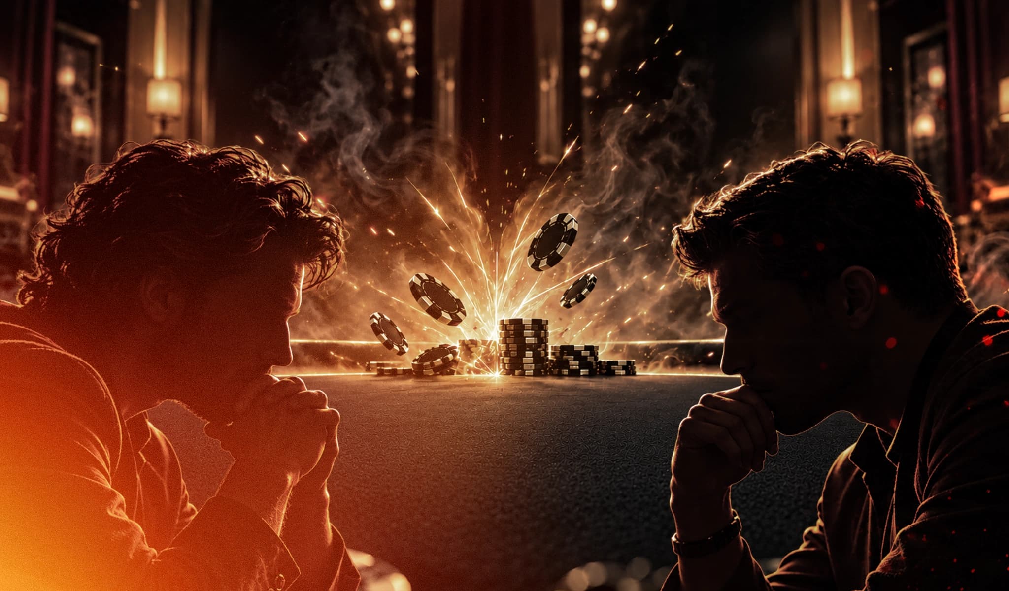 Two silhouetted poker players lean in across the table as chips and sparks explode between them.