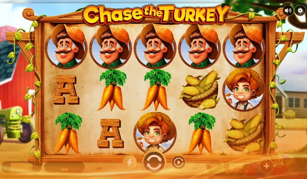 Chase the Turkey slot game with cartoon farmer, boy, carrots, corn, and wooden letter A symbols.