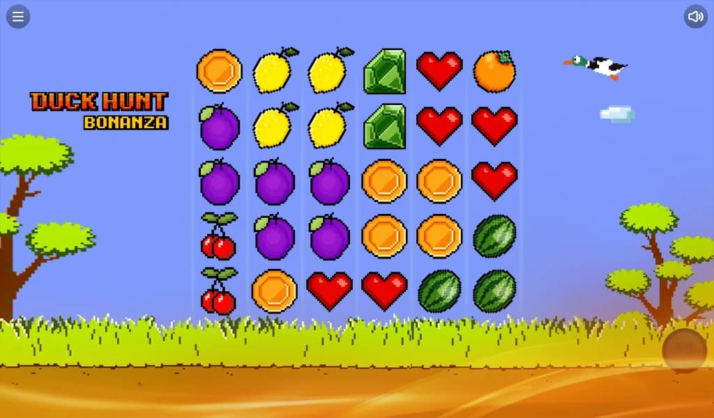 Duck Hunt Bonanza slot with pixel fruit, hearts, coins, gems, and a flying duck on blue sky background.