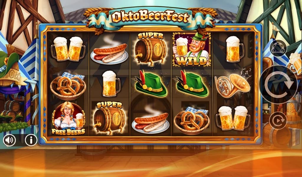 OktoBeerFest slot game screen with beer mugs, pretzels, sausages, green hats, and a wild symbol of a man holding a beer.