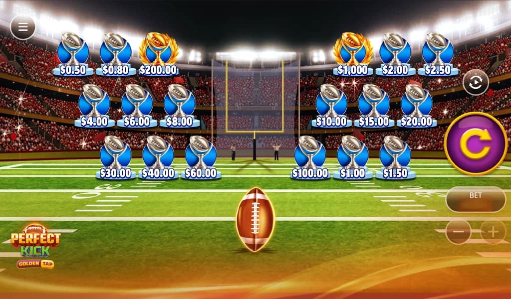 Perfect Kick slot with football trophies and prize amounts displayed on a stadium field background.