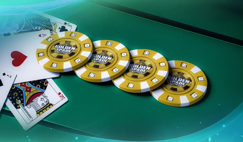 Golden Spade Poker Open banner showing gold casino chips and playing cards on a green poker table.