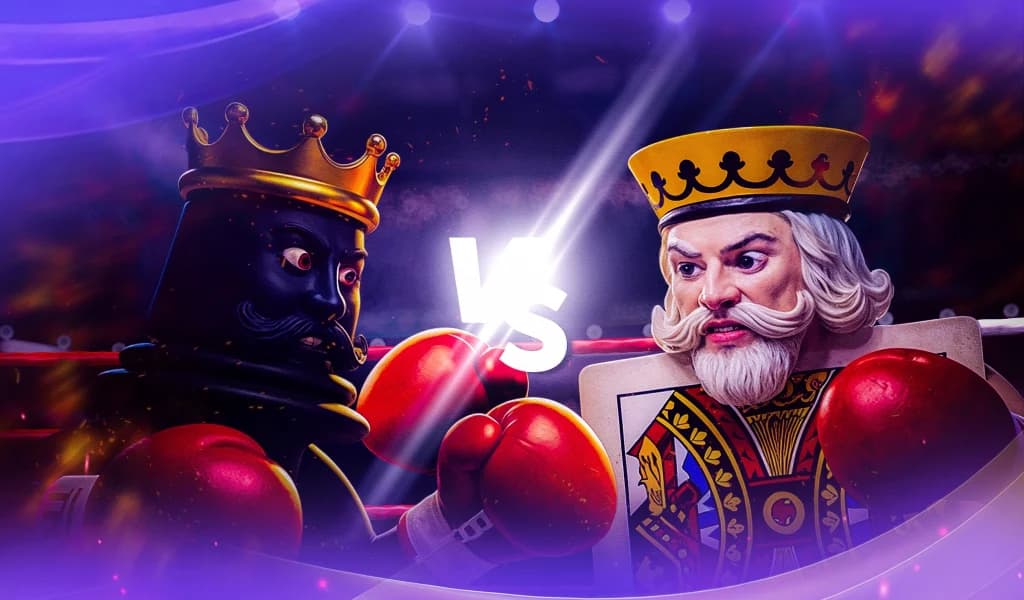Two cartoon kings, one from chess and one from playing cards, face off in a boxing ring wearing red gloves.