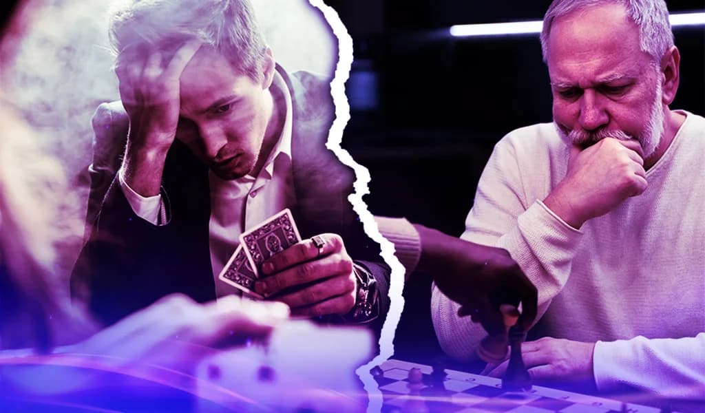 Split image showing a stressed man holding playing cards on one side and an older man deep in thought over a chessboard on the other.
