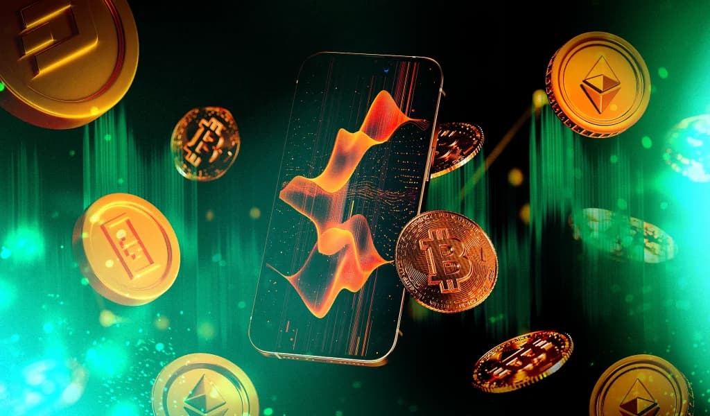 Smartphone with glowing chart surrounded by Bitcoin, Ethereum, and Tether coins on dark background.
