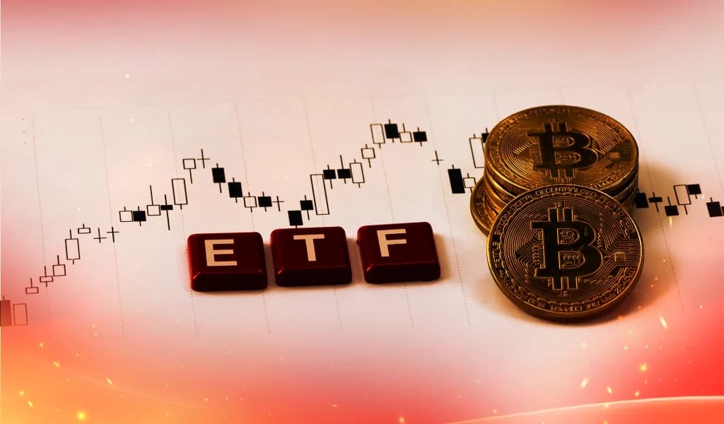 Stacked Bitcoin coins next to red ETF blocks with digital stock chart in the background.