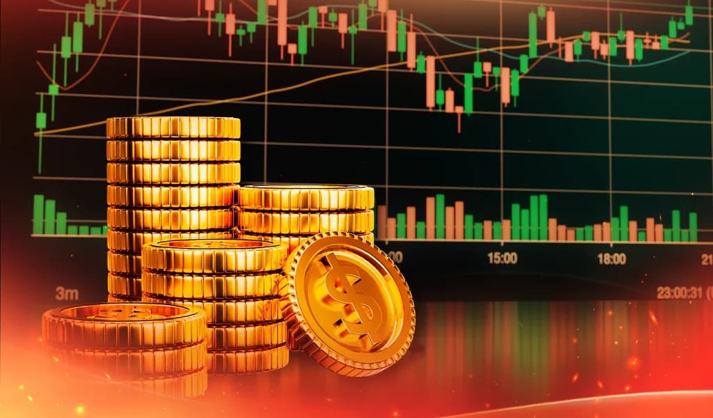 Piles of gold coins in front of a green and red candlestick stock chart.