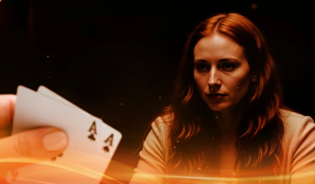 Woman staring intently at a poker hand showing pocket aces, lit dramatically against a dark background.