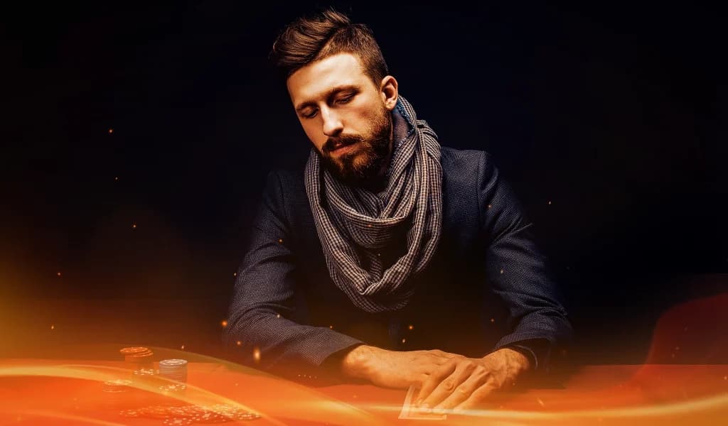 Bearded man in a scarf seated at a poker table, looking down at his hole cards with chips stacked nearby.