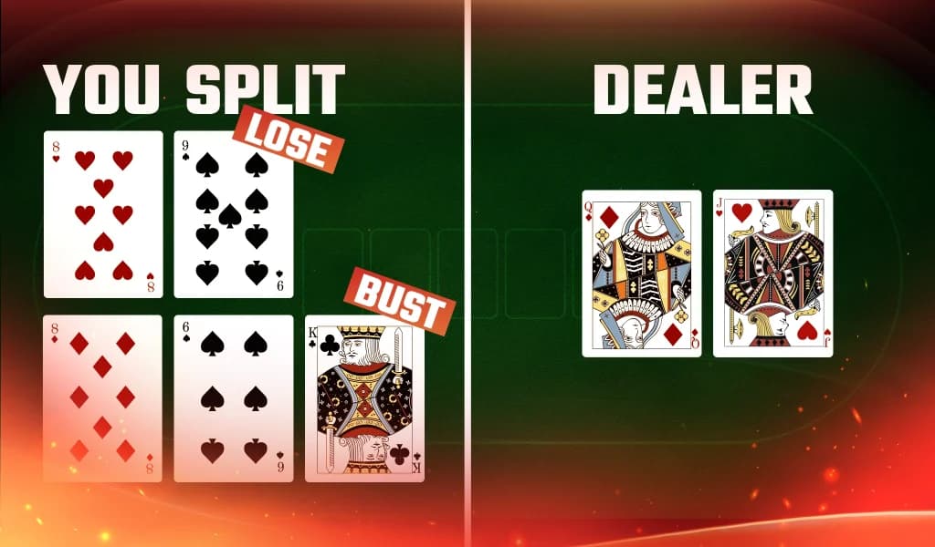 Blackjack game screen showing split eights with bust and loss labels, while dealer has Queen and Jack.