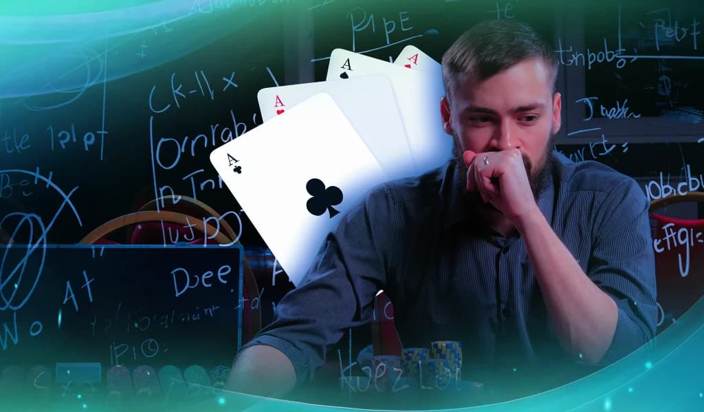 Man deep in thought at a poker table with four aces floating behind him, surrounded by complex equations on a chalkboard.