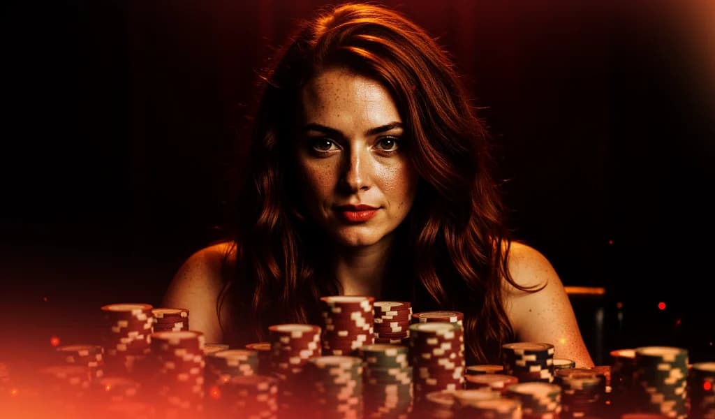 Woman with long red hair sitting behind tall stacks of poker chips under dramatic lighting.