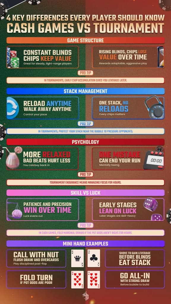 Poker Cash Games vs Tournaments Infographic; key differences between poker cash games and tournaments; should i play cash game or tournament