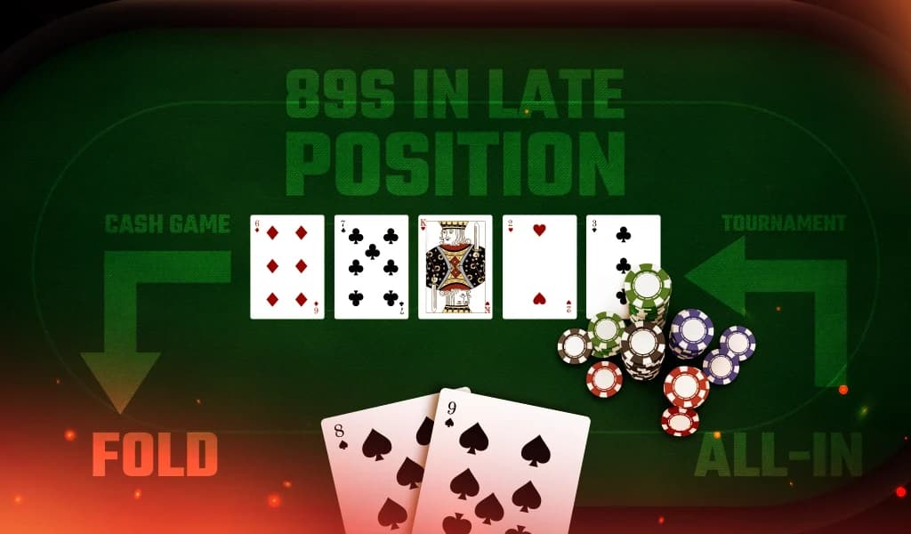 Poker hand 8♠ 9♠ with flop, turn, and river cards shown, comparing fold in cash game vs all-in in tournament.