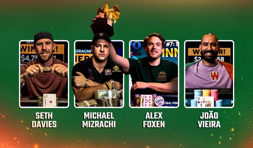 Four player portraits labeled Seth Davies, Michael Mizrachi, Alex Foxen, and João Vieira with chips, cards, and piles of money in front of them.