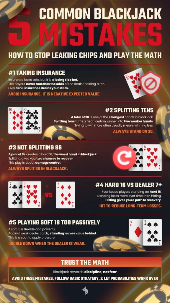 “5 Common Blackjack Mistakes,” infographic - how to stop leaking chips and play blackjack math - showing common strategy errors and advice for playing blackjack - taking insurance, splitting tens, not splitting 8s, hard 16 vs dealer, playing soft 18.