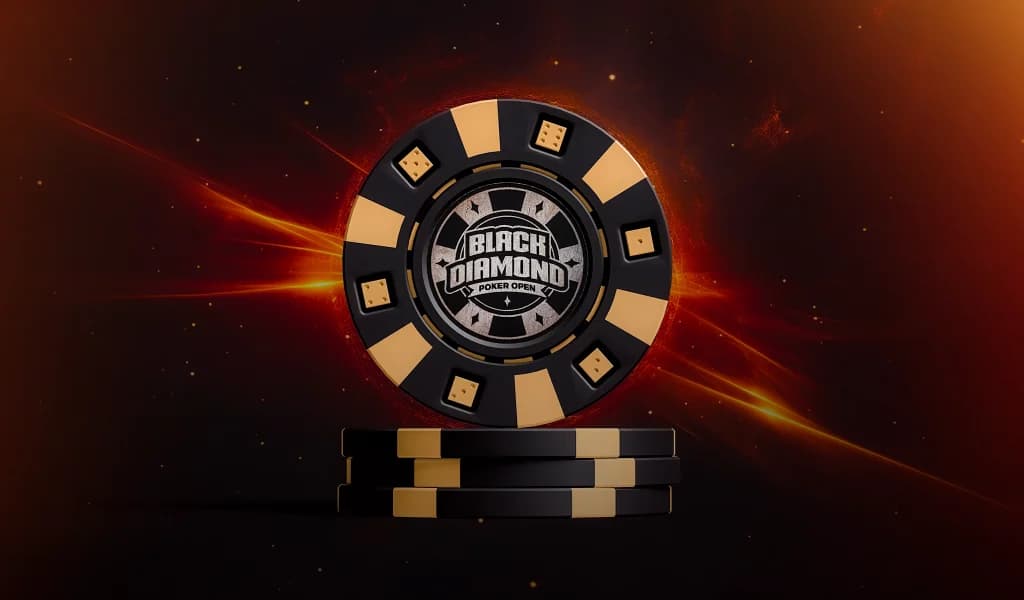 Black and gold poker chip with “Black Diamond Poker Open” logo displayed against a glowing red background.