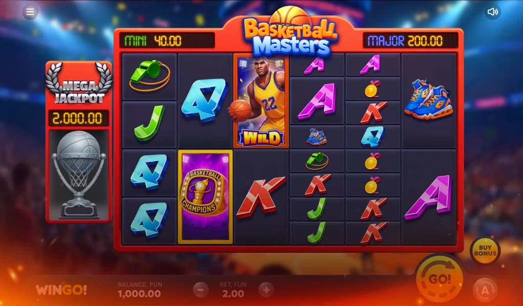 Basketball Masters slot game screen showing basketball-themed reels, a Wild player symbol, and a Mega Jackpot display.