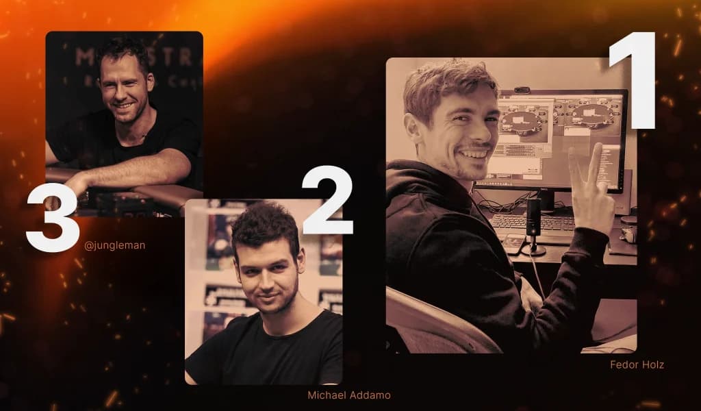 Grid of the top three online poker players, showing their handles and ranking numbers