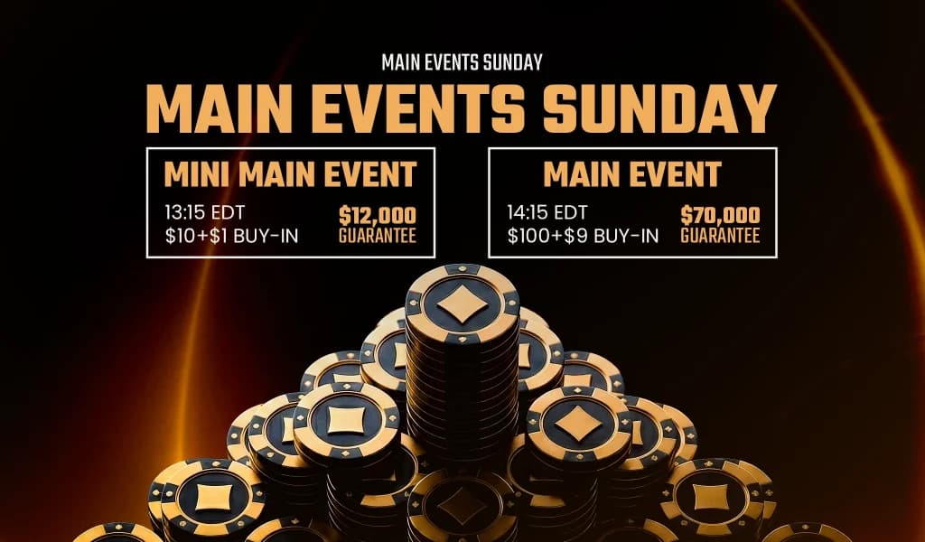 Main Events Sunday graphic showing Mini Main Event at 13:15 EDT with $12,000 guarantee and Main Event at 14:15 EDT with $70,000 guarantee alongside gold poker chip stacks
