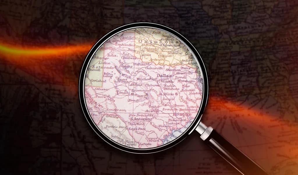 Magnifying glass over a vintage map of Texas showing cities including Dallas, Austin, Houston and Corpus Christi.