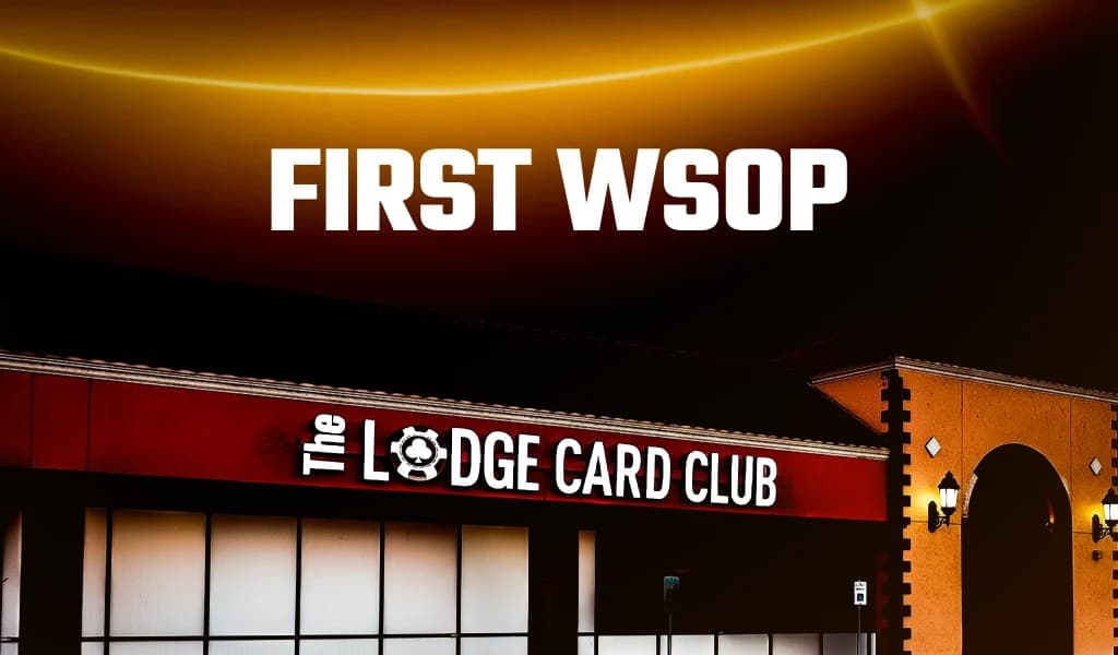 The Lodge Card Club storefront at night with the words First WSOP above it