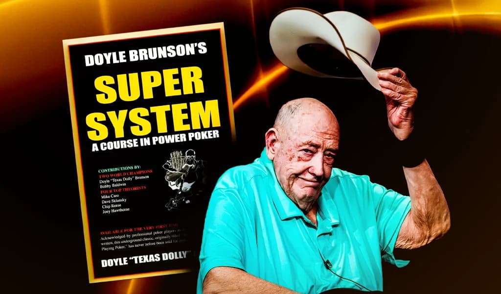 Doyle Brunson tips his cowboy hat in a teal polo next to the cover of his book Super System, A Course in Power Poker