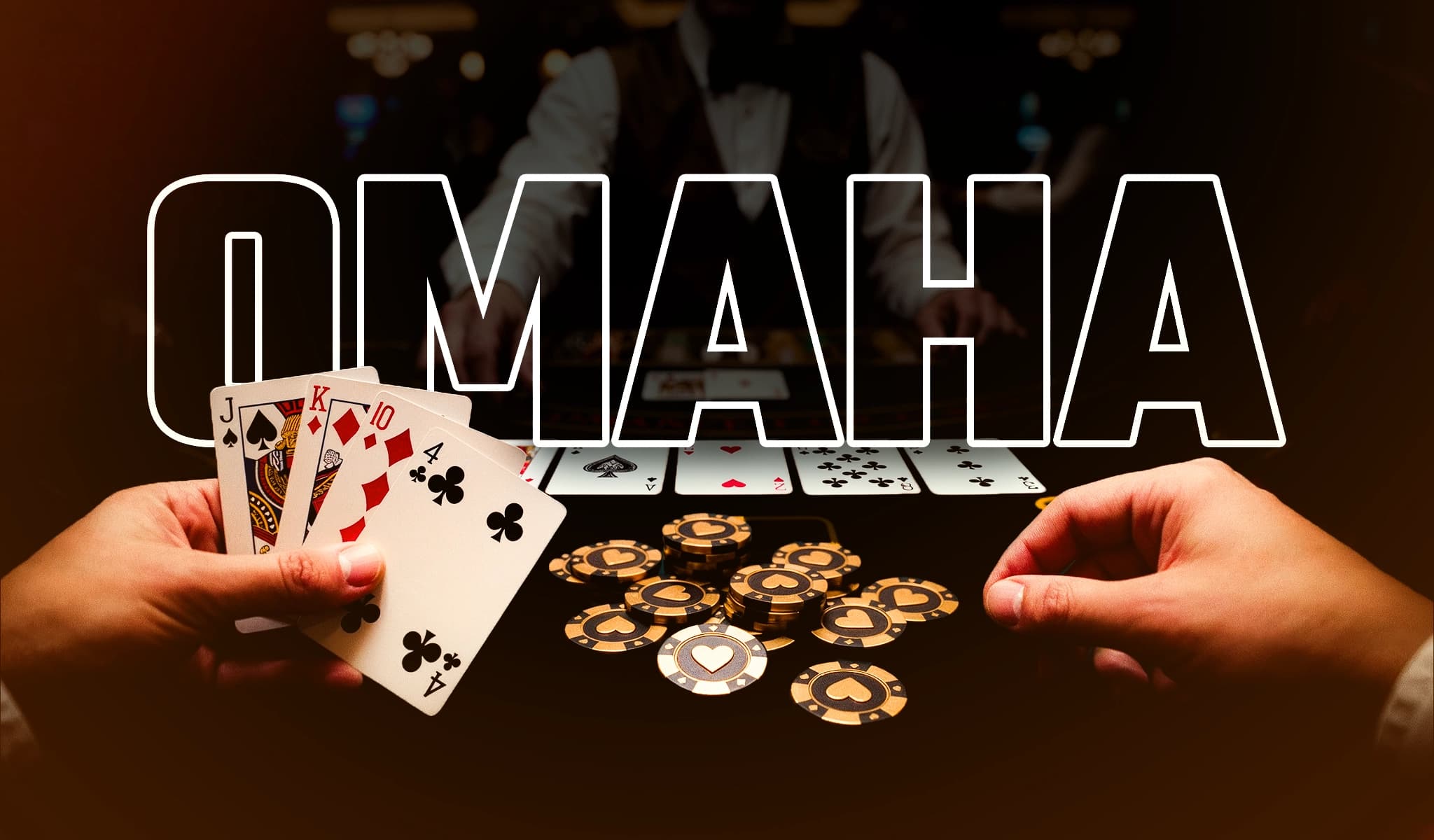 A hand holds four Omaha hole cards over a five-card board, with OMAHA spelled out behind the dealer.