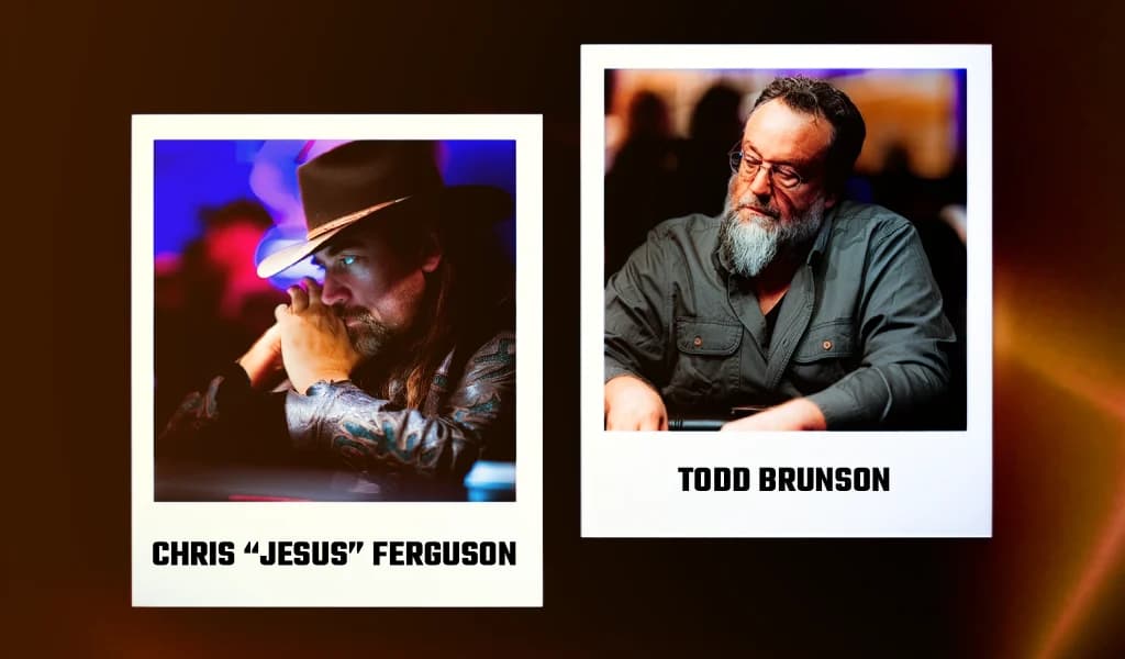 Polaroid photos of Chris Jesus Ferguson and Todd Brunson, both labeled by name, at the poker table.