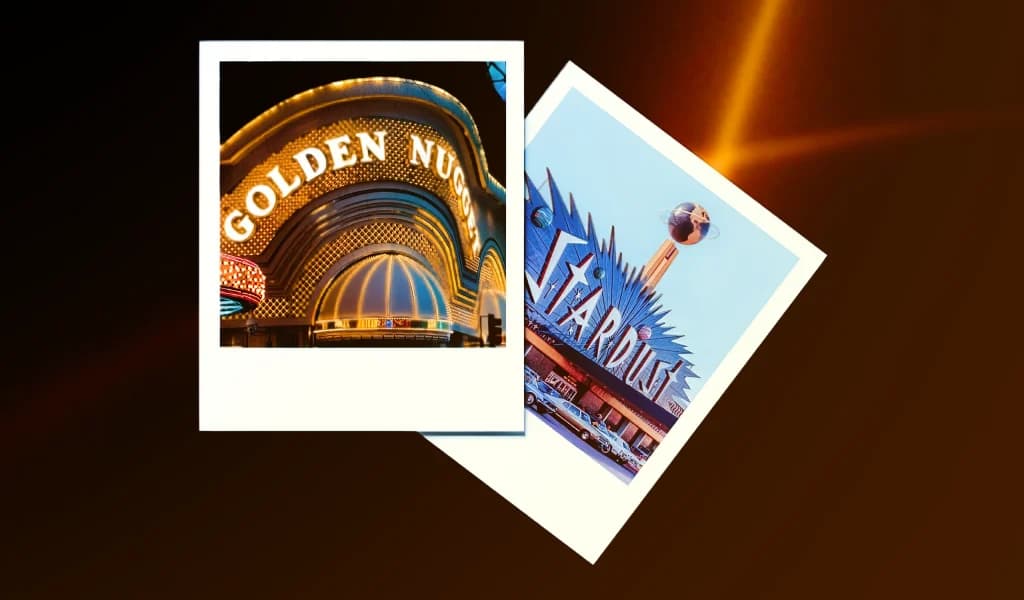 Two Polaroid photos show the lit-up Golden Nugget and Stardust casino signs in Las Vegas.