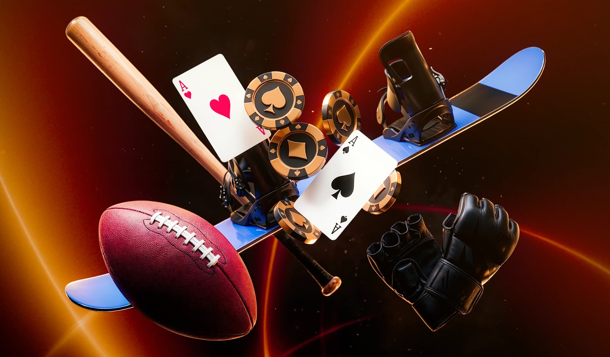 A baseball bat, football, snowboard, MMA gloves, poker chips and cards float together in dramatic light.