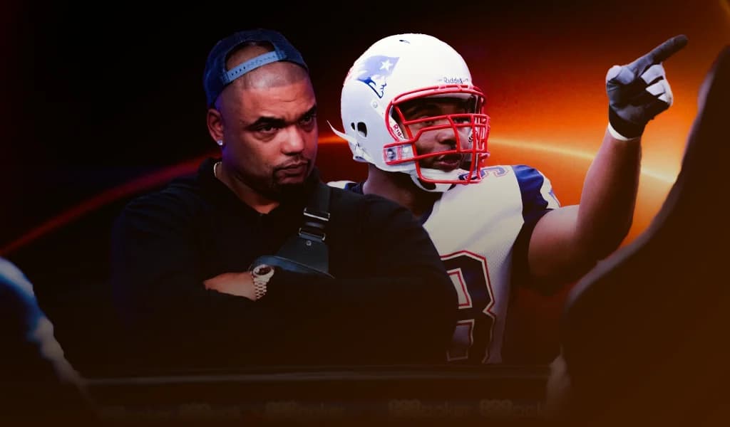 Richard Seymour beside a young football player in a Patriots jersey pointing downfield.