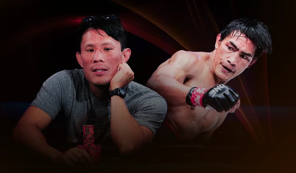 Terrence Chan rests his chin by a stack of poker chips beside a Muay Thai fighter mid-strike.