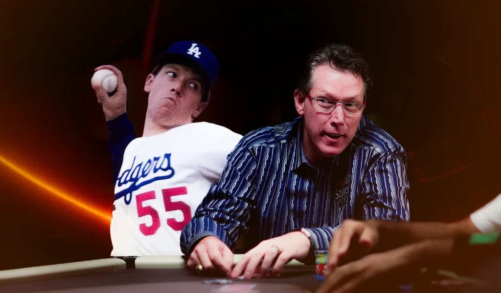 Orel Hershiser winds up a pitch in a Dodgers jersey behind a man at a poker table reaching for his chips.