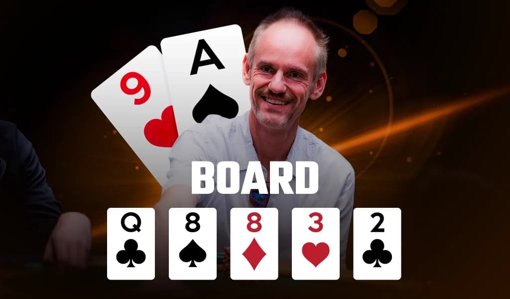 Allen Cunningham holds ace-nine above the Q-8-8-3-2 board he called with ace-high to win.