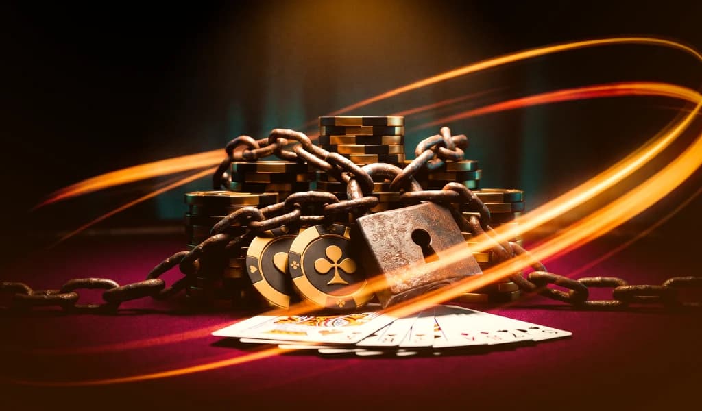 Poker chips and playing cards bound in rusted chains with a padlock on a red felt table.