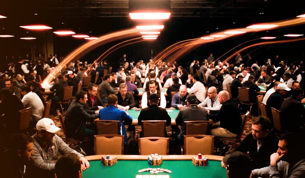 A packed poker tournament room filled with players at green felt tables under warm lighting.