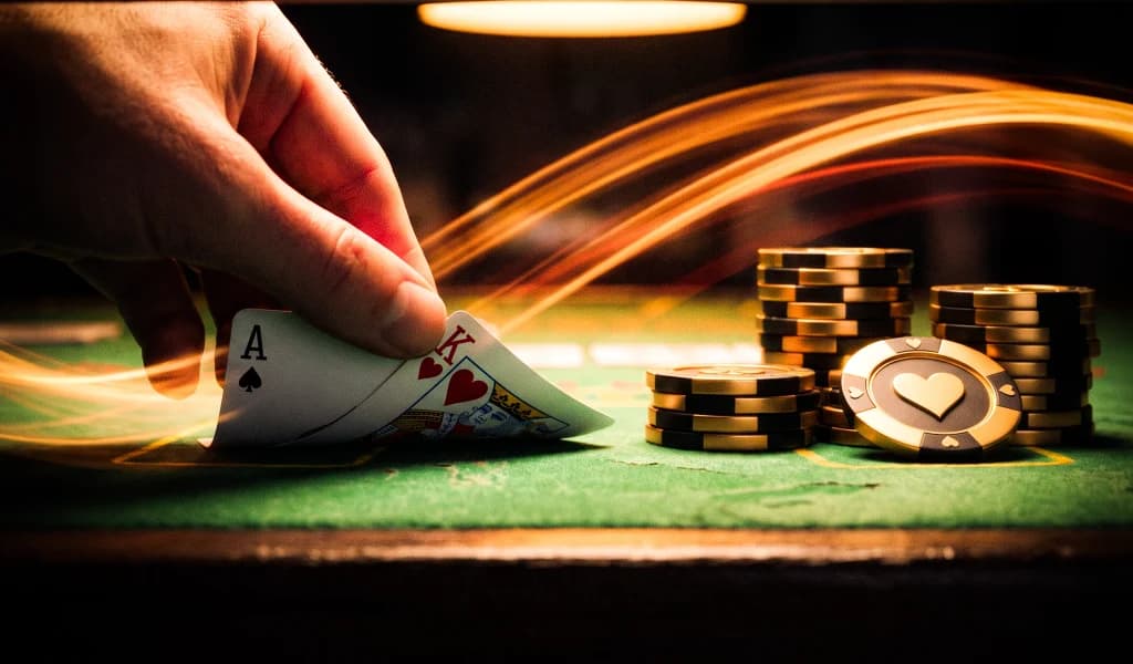A hand holding an ace and king above poker chips at a table, lit dramatically with light trails.
