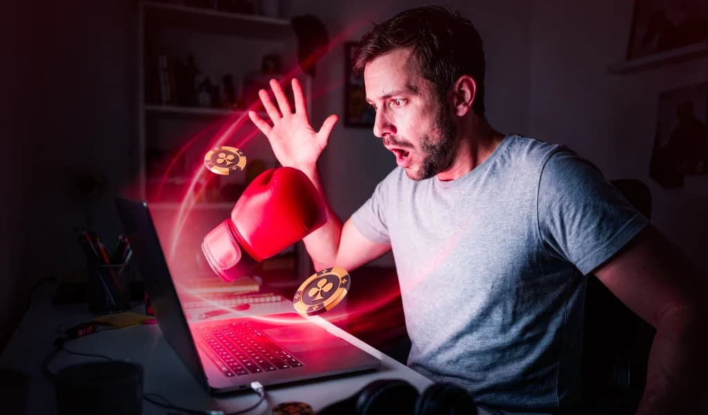 Man reacts in shock as poker chips and a boxing glove burst from his laptop screen.