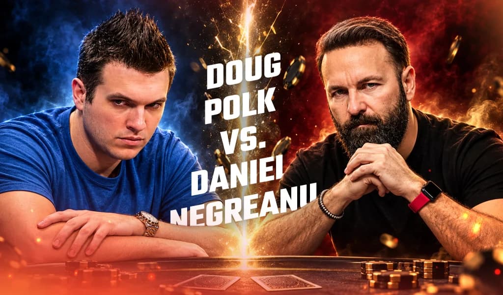 Doug Polk and Daniel Negreanu face off across a poker table, split by blue and red flames.