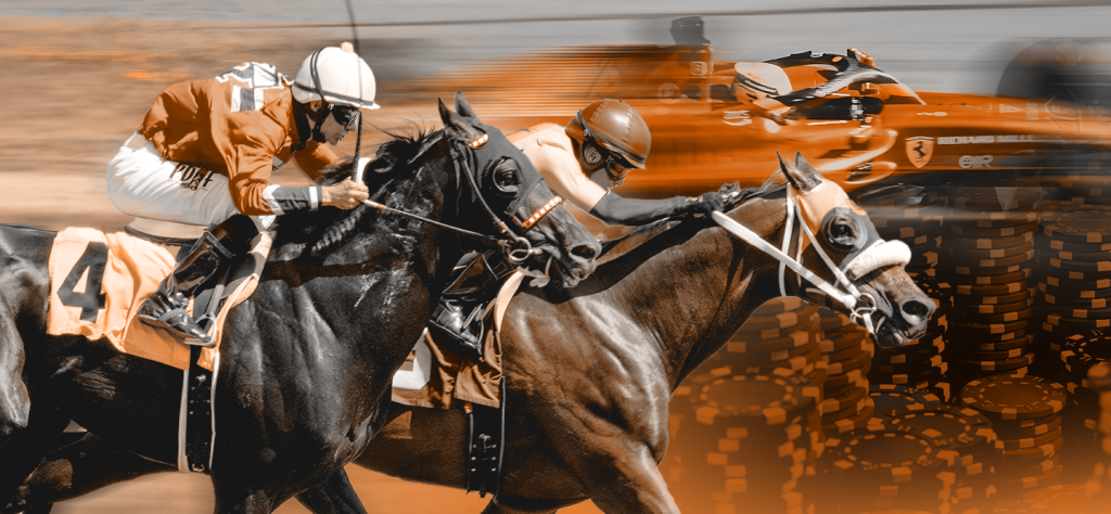 Image of horses racing with an F1 car behind it and casino chips on the bottom right.